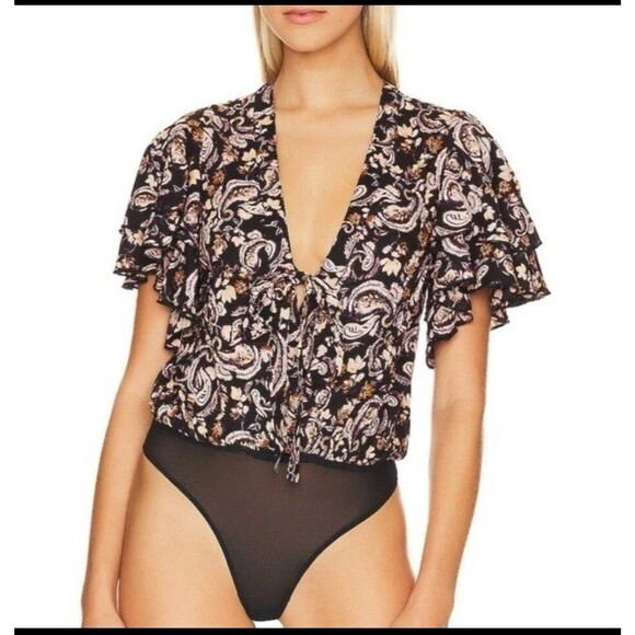 Intimately Free People Call Me Later Bodysuit Paisley Black XL Ruffle Chic Boho - Picture 14 of 15